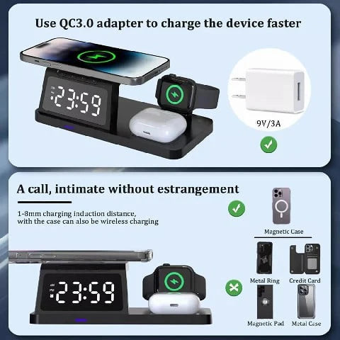 7 in 1 Charging Station with Clock, Wireless Charger with Night Light